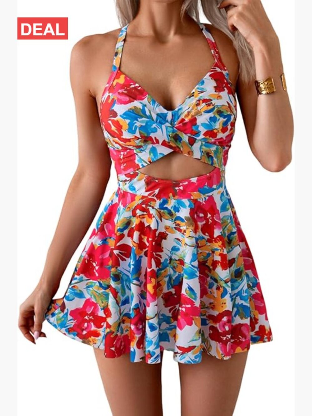 Women's One Piece Cutout Skirt Swimsuit V Neck Wrap Tie Back Tummy Control